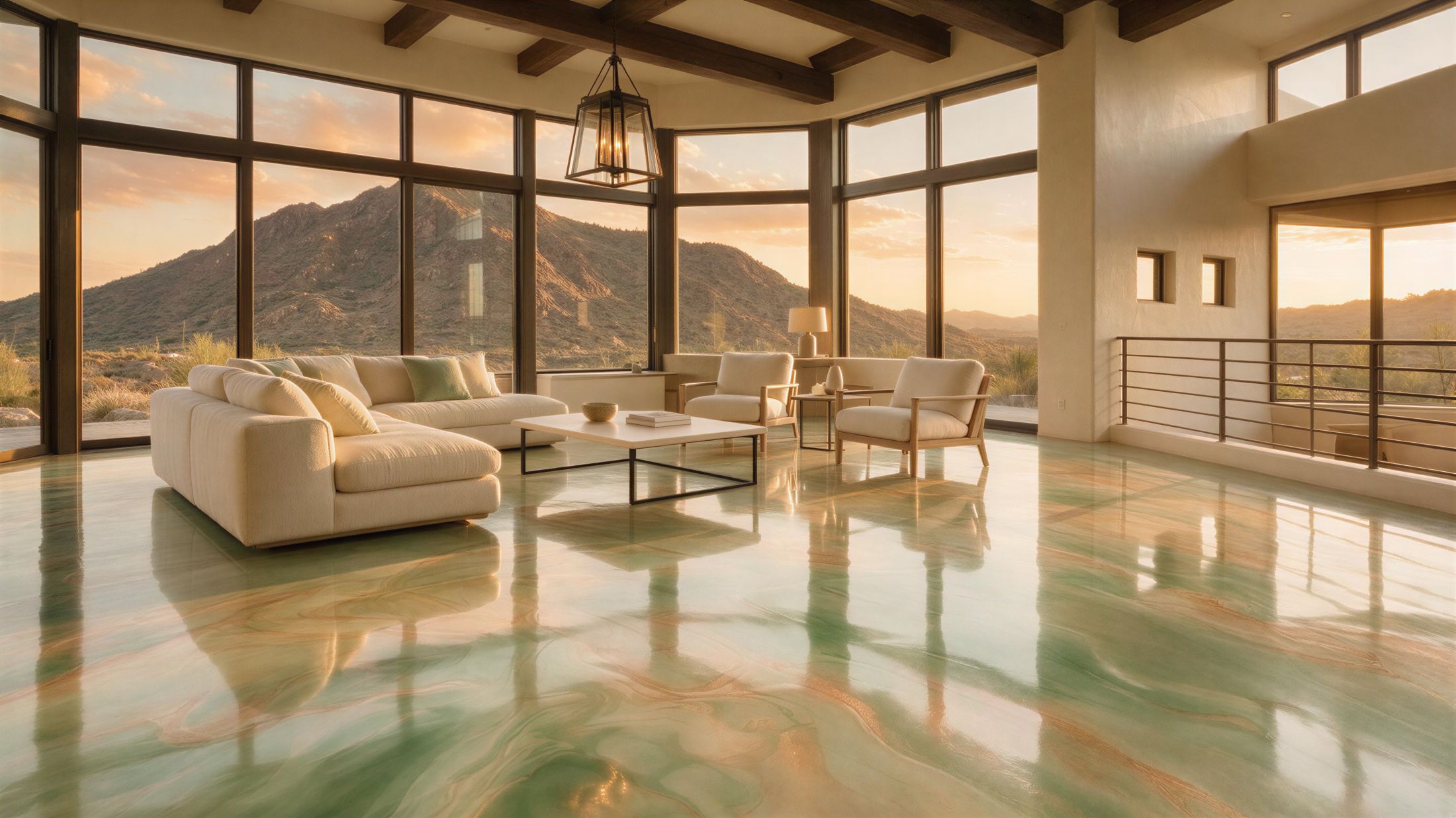 Metallic epoxy floor with sage and sand swirls in an Arizona great room